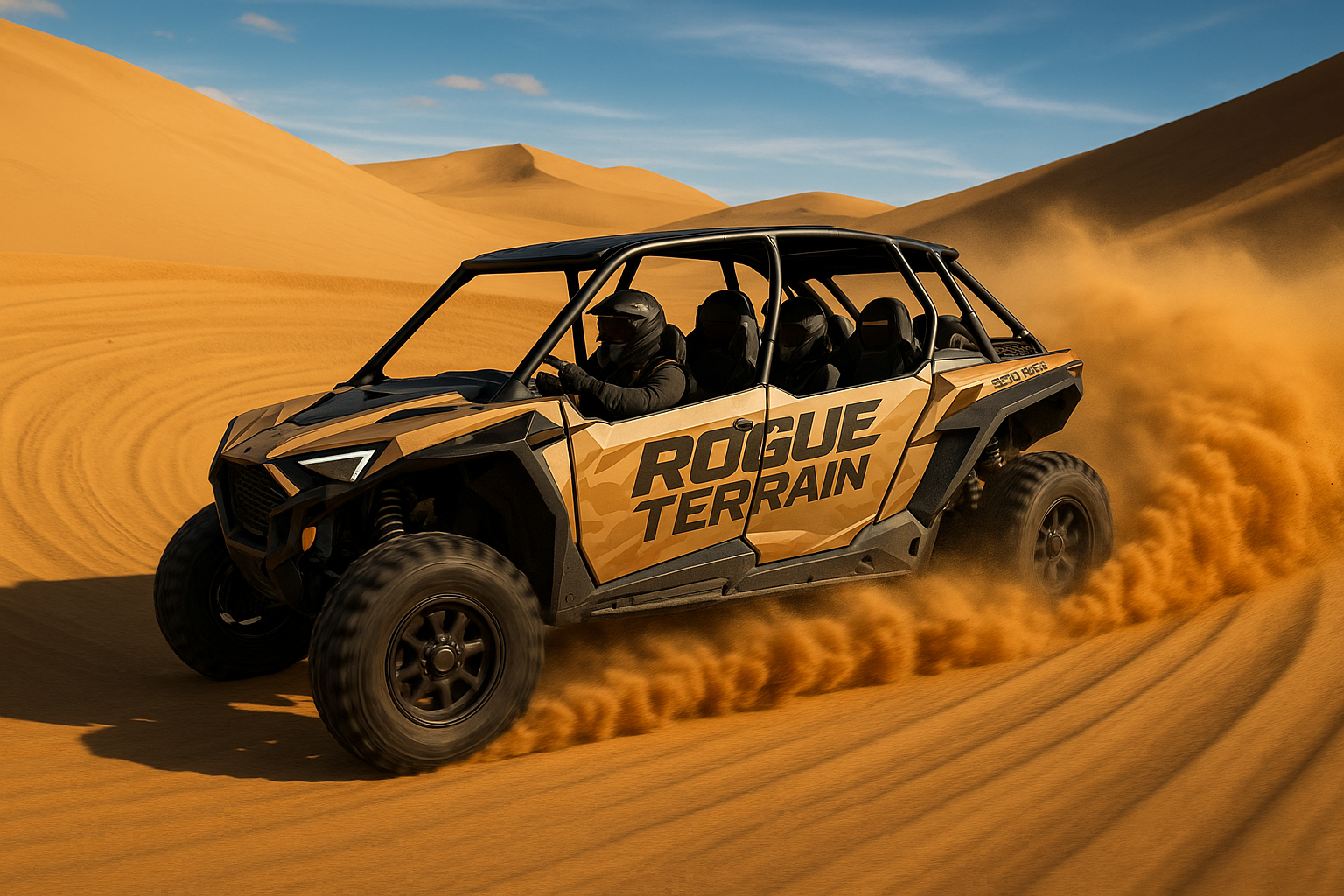 A 4-seat Rzr driving through a sand bowl at the dunes with "Rogue Terrain" on the said of the Rzr.